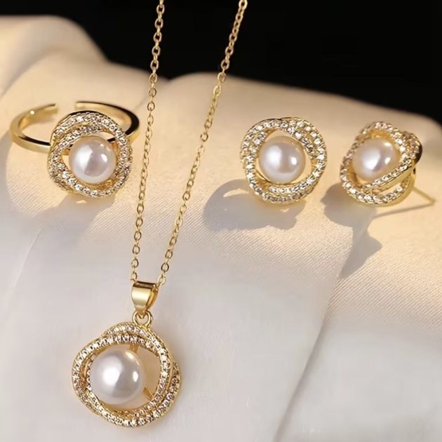 Ensemble de 4 colliers, bagues et boucles d’oreilles en fausses perles de style français élégant et léger